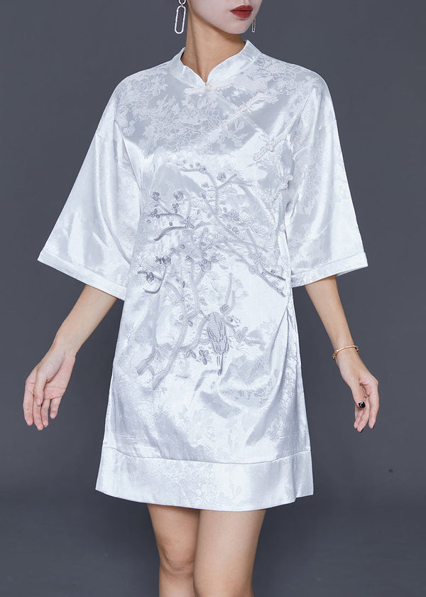 White Jacquard Silk Chinese Style Dress Embroidered Half Sleeve