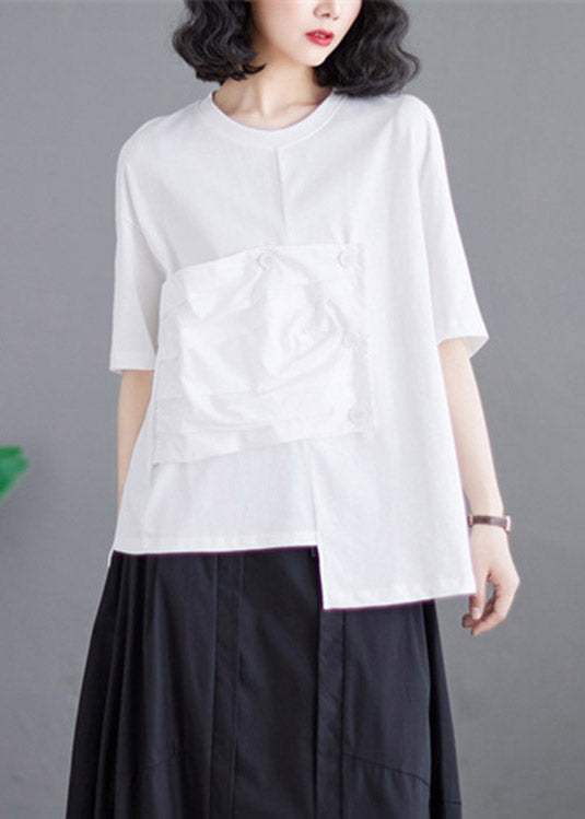 White O-Neck Asymmetrical Cotton Top Short Sleeve