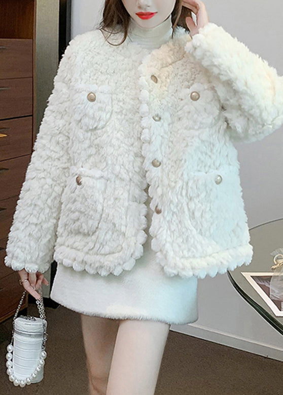 White O-Neck Button Faux Fur Coats Fall