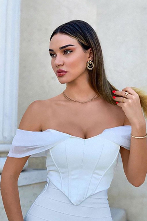 White Off Shoulder Mesh Corset Crop Top