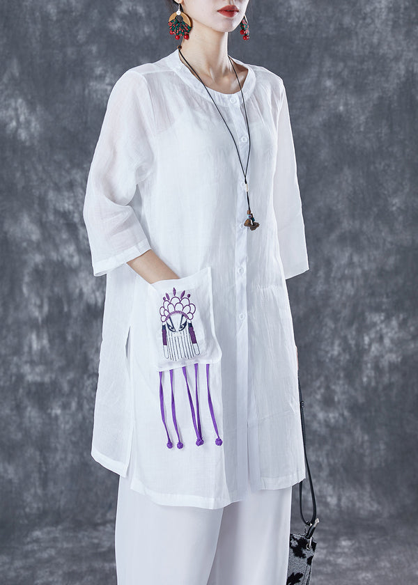 White Oversized Linen Shirts Embroidered Pocket Half Sleeve