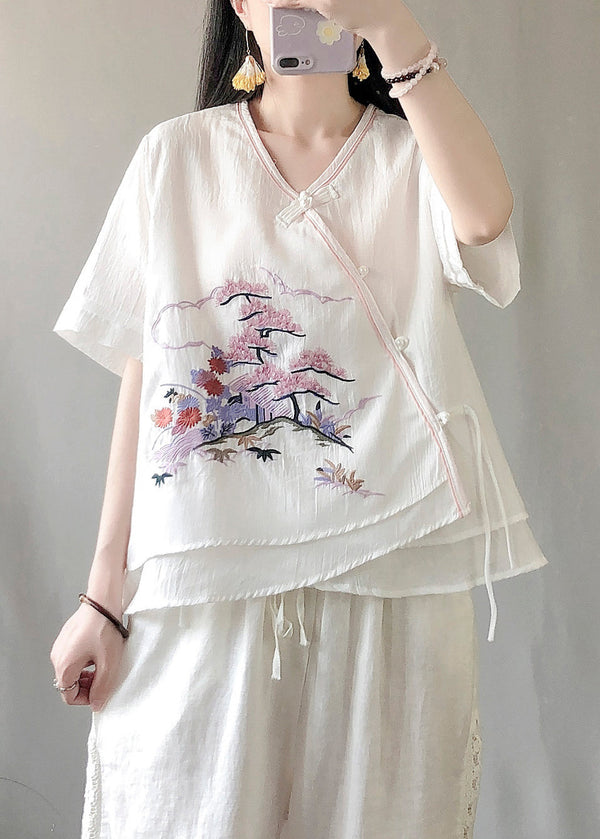 White Patchwork Linen Blouses Embroidered Chinese Button Summer