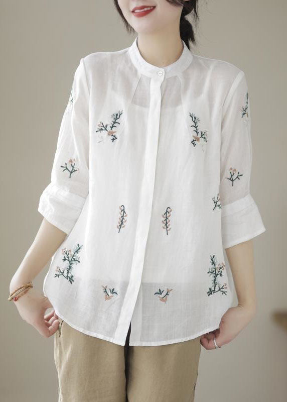 White Patchwork Linen Blouses Embroidered Stand Collar Summer