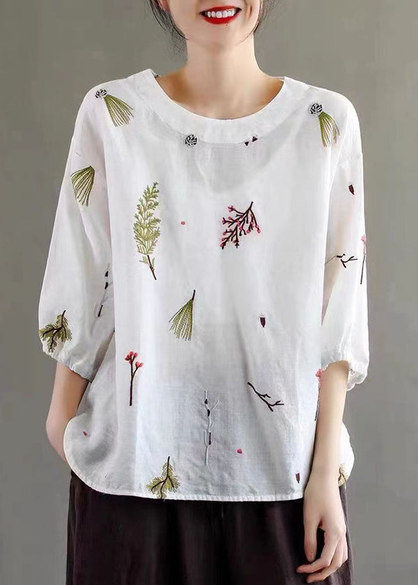 White Patchwork Linen T Shirt Tops Embroidered Lantern Sleeve