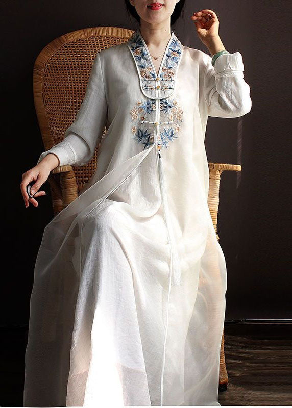 White Patchwork Silk Dress Tasseled Embroidered Spring