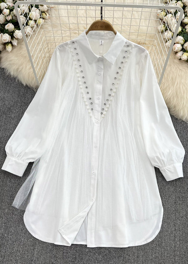 White Peter Pan Collar Nail Bead Tulle Shirts Long Sleeve