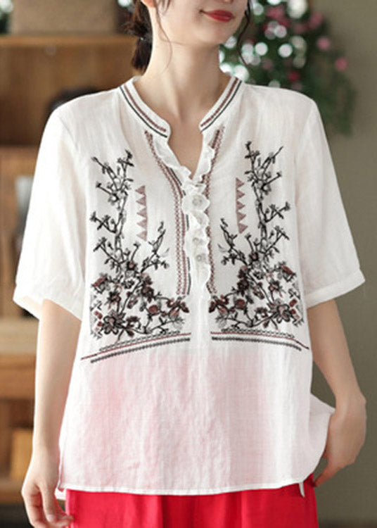 White Ruffled Button Linen T Shirt Short Sleeve