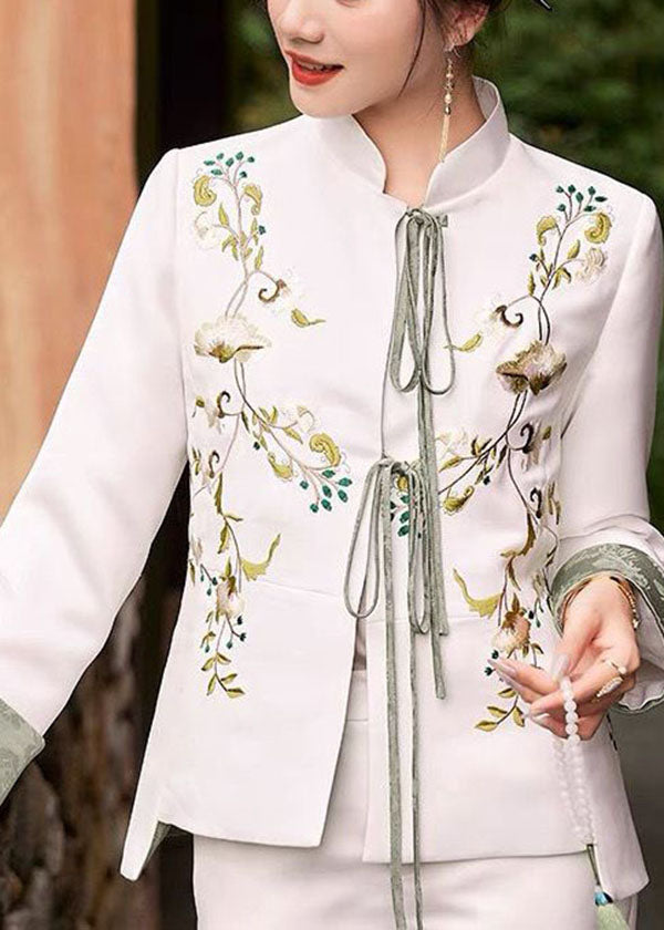 White Slim Fit Silk Jacket Embroidered Mandarin Collar Spring