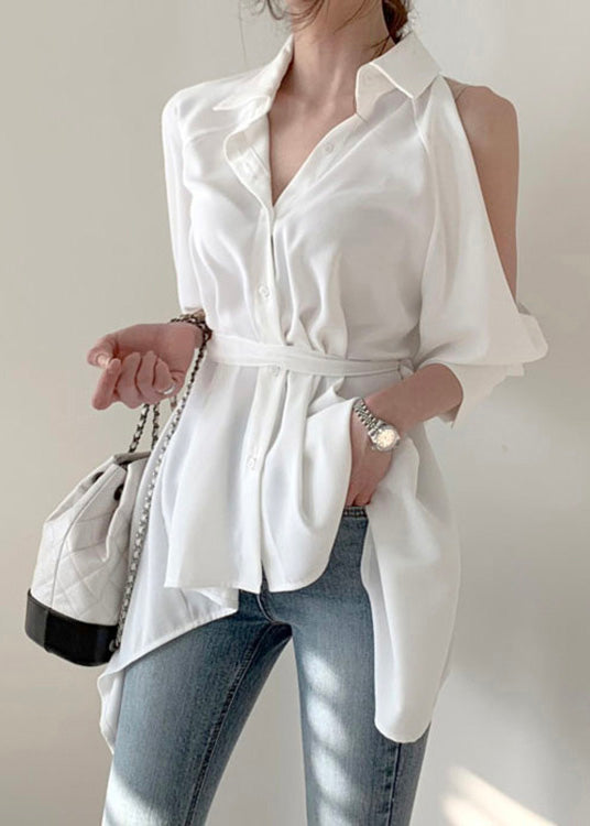 White Tie Waist Tunic Shirts Long Sleeve