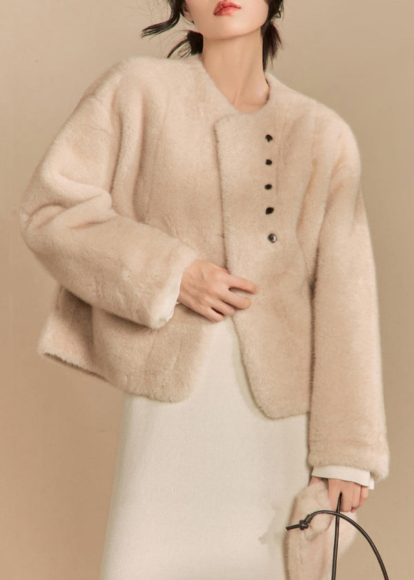 Women Apricot O-Neck Button Solid Fluffy Coats Winter