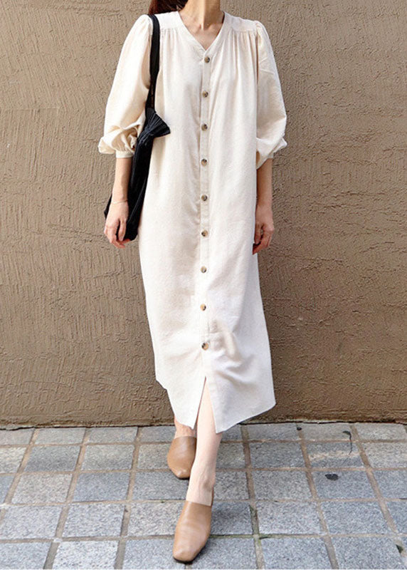 Women Apricot V Neck Wrinkled Patchwork Cotton Dresses Lantern Sleeve