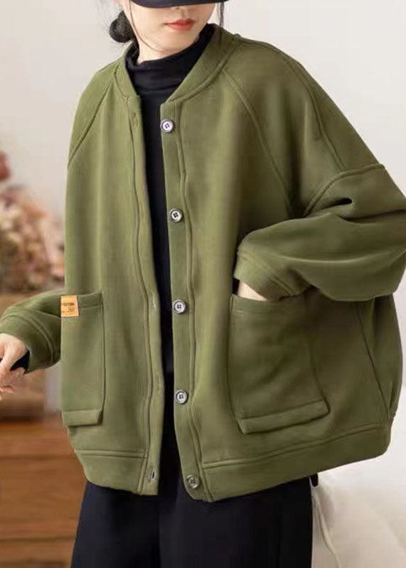 Women Army Green O-Neck Pockets Patchwork O-Neck Fleece Coat Winter