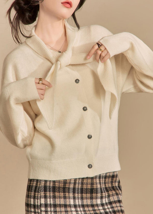 Women Beige Bow Button Solid Knit Sweaters Winter