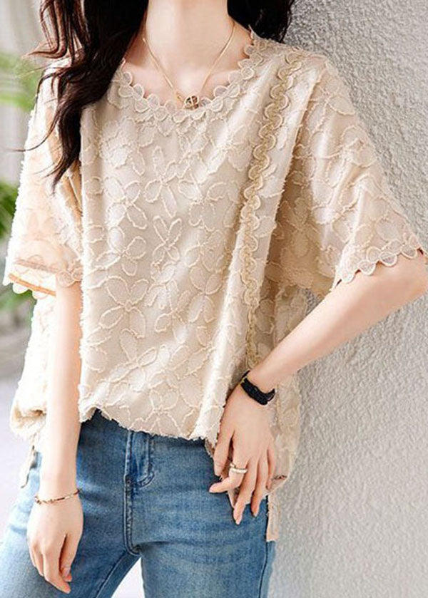 Women Beige O Neck Embroidered Patchwork Chiffon Shirts Summer