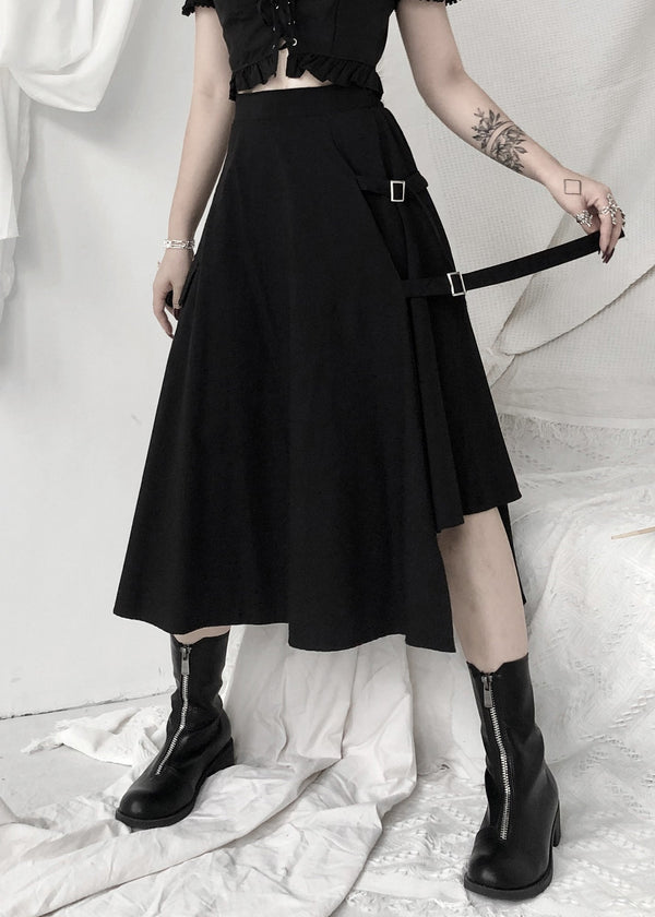 Women Black Asymmetrical Patchwork High Waist Sashes A Line Skirt Fall