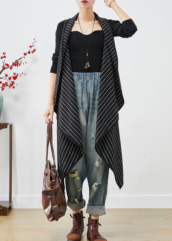 Women Black Asymmetrical Striped Cotton Long Vest Fall