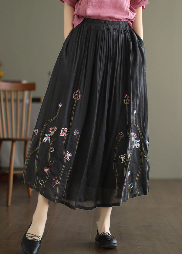 Women Black Elastic Waist Embroidered Linen Silk Skirt Spring