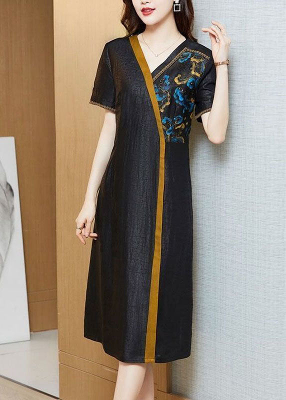 Women Black Embroidered Patchwork Silk Holiday Dress Summer