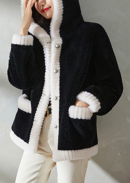 Women Black Faux Fur Thick Button Hooded Coats Winter