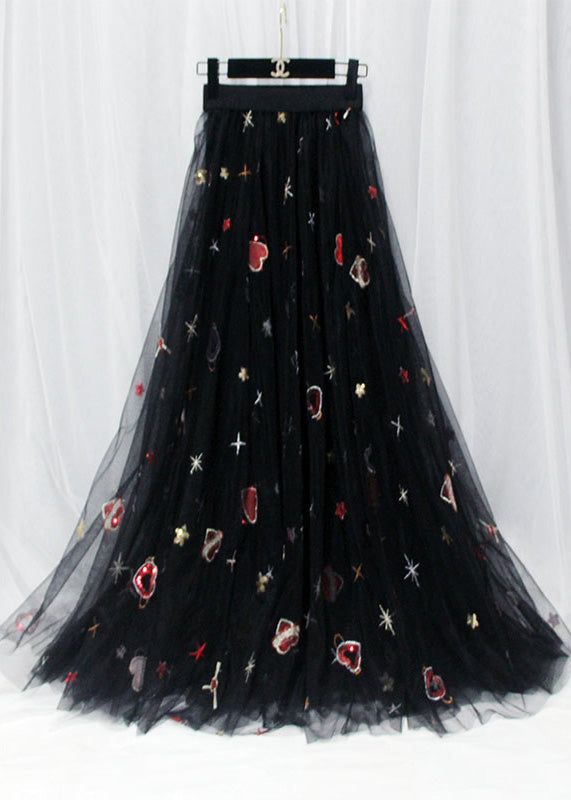 Women Black Hearts Embroidered Floral Sequins Tulle Long Skirt Spring