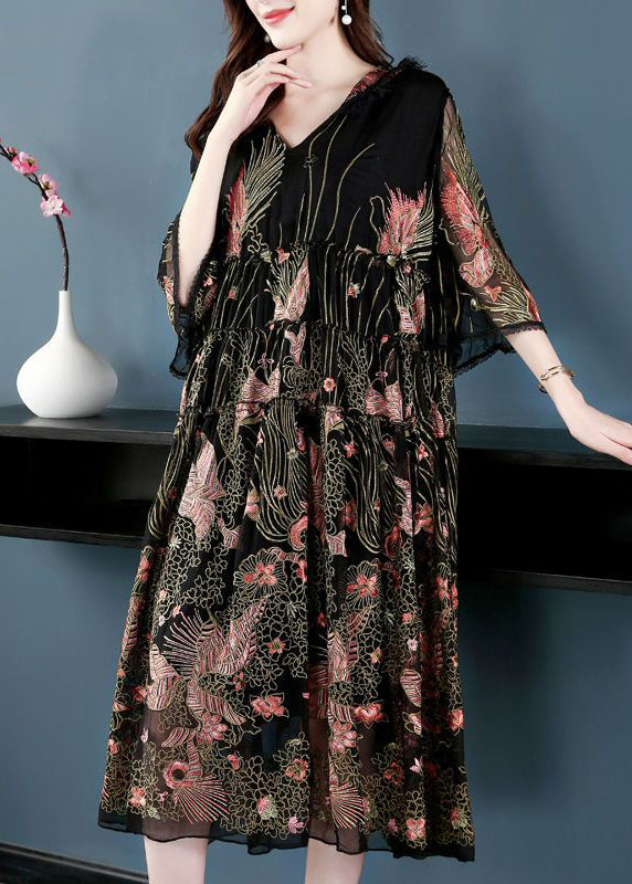 Women Black Hooded Embroidered Silk A Line Dress Summer