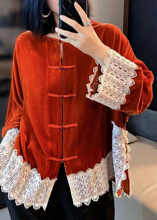 Orange O-Neck Floral Lace Patchwork Silk Velour Coats Fall