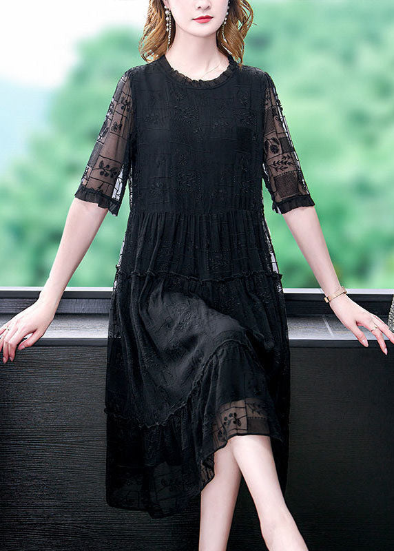 Women Black O-Neck Ruffled Embroidered Silk Long Dresses Summer