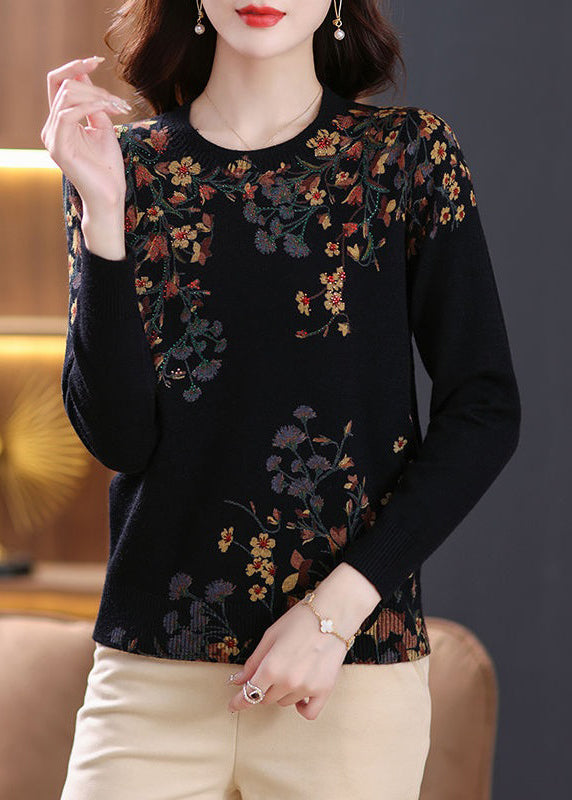 Women Black O Neck Zircon Print Wool Knit Top Spring