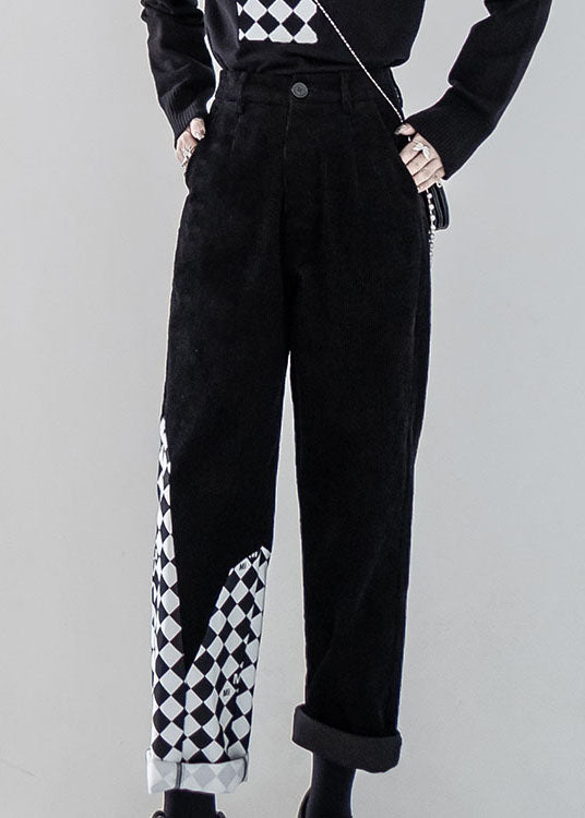 Women Black Patchwork High Waist Warm Fleece Corduroy Straight Pants Fall