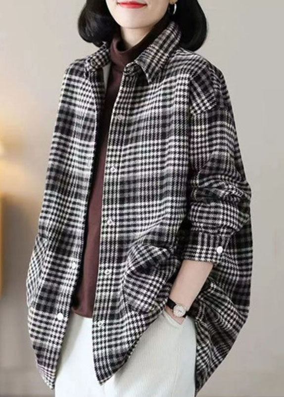 Women Black Peter Pan Collar Plaid Pockets Patchwork Warm Fleece Thick Shirts Winter