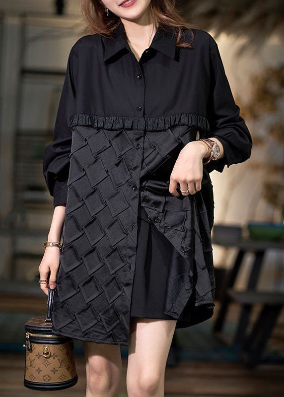 Women Black Peter Pan Collar Wrinkled Patchwork Cotton Shirt Top Spring