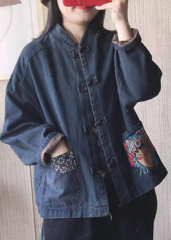 Women Black Stand Collar Embroidered Button Pockets Cotton Denim Coats Long Sleeve