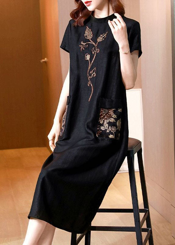 Women Black Stand Collar Embroidered Pockets Silk Dresses Summer