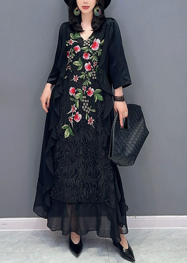 Women Black V Neck Embroidered Patchwork Chiffon Long Dress Summer