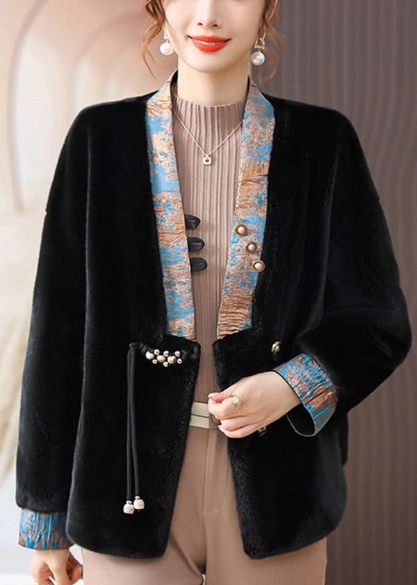 Women Black V Neck Pockets Patchwork Mink Hair Coats Fall