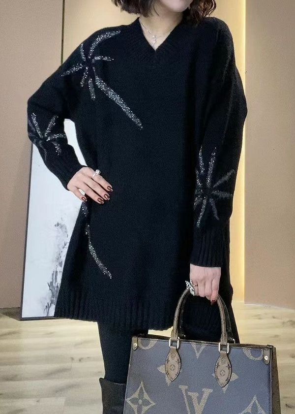 Women Black V Neck Sequins Oversized Long Knit Dress Winter