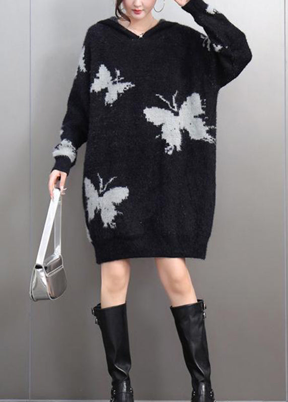 Women Black V Neck Thick Print Cotton Knit Sweaters Winter