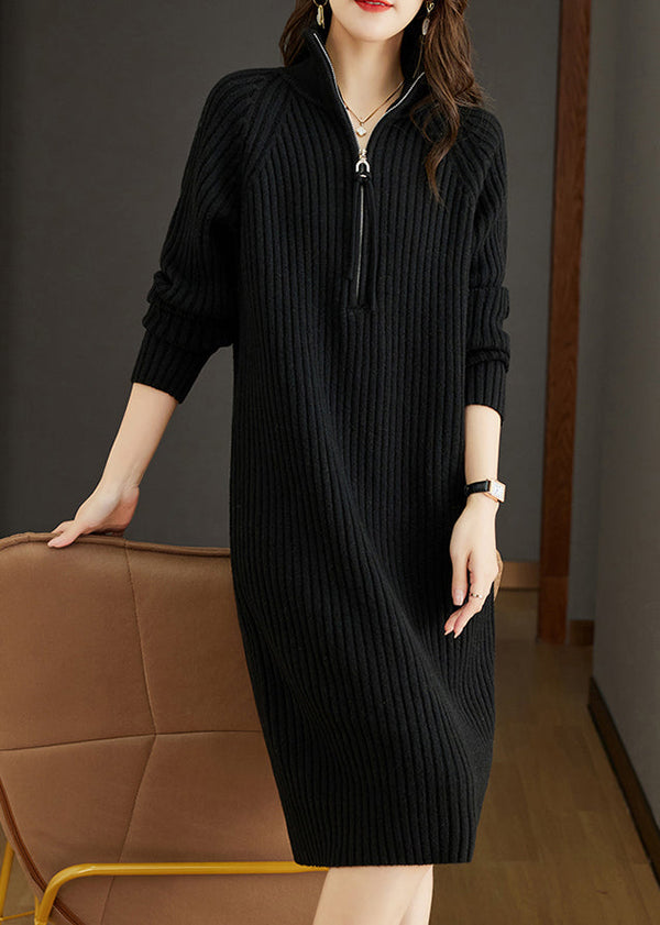 Women Black Zippered Patchwork Woolen Knit Dress Fall