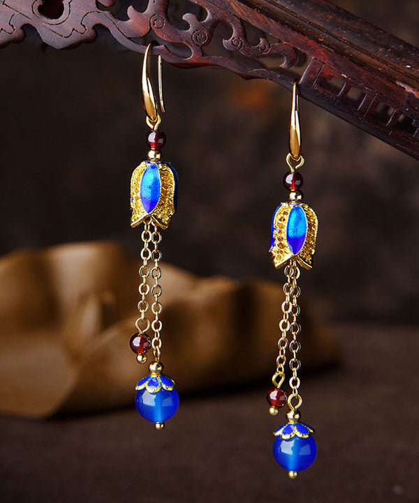 Women Blue Agate Cloisonne Tassel 14K Gold Drop Earrings