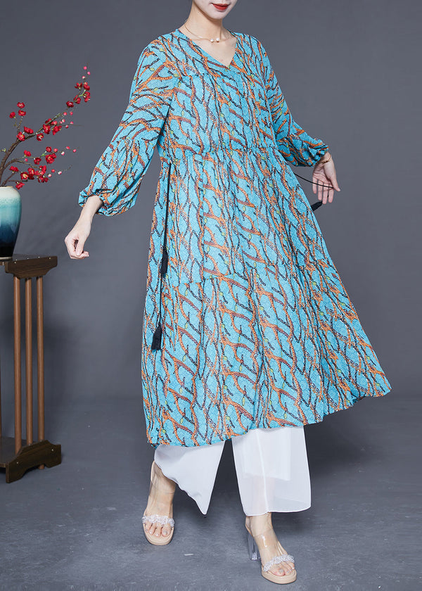 Women Blue Cinched Print Chiffon Holiday Dress Spring