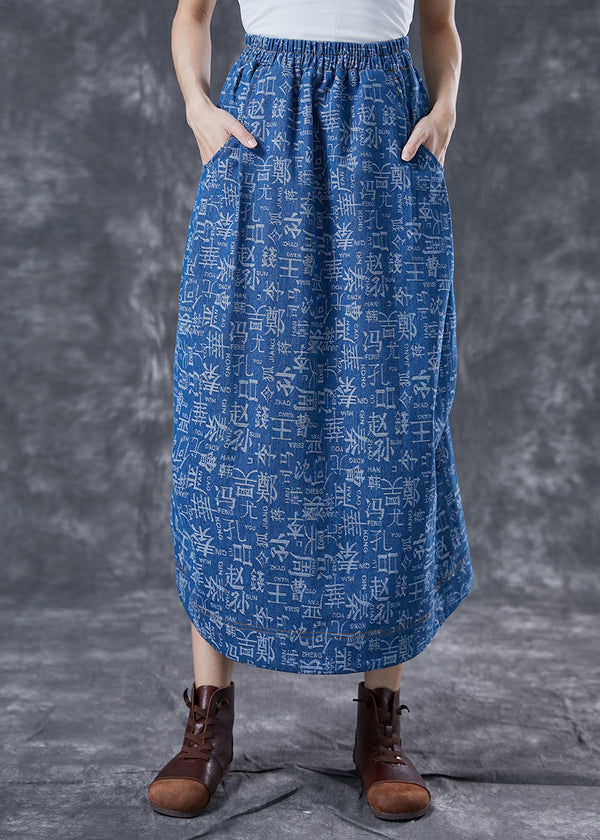 Women Blue Elastic Waist Print Denim Skirts Summer