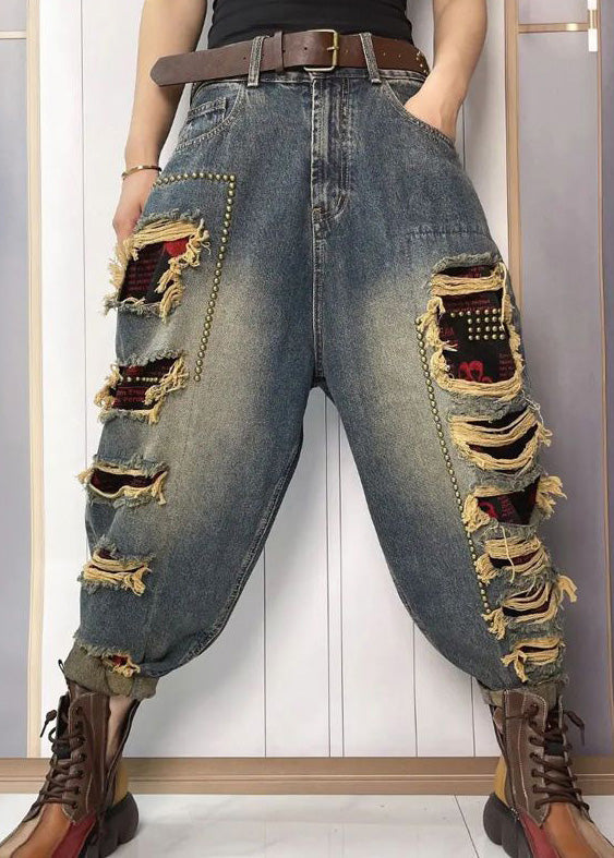 Women Blue Nail Bead Patchwork Sashes High Waist Ripped Jeans Summer