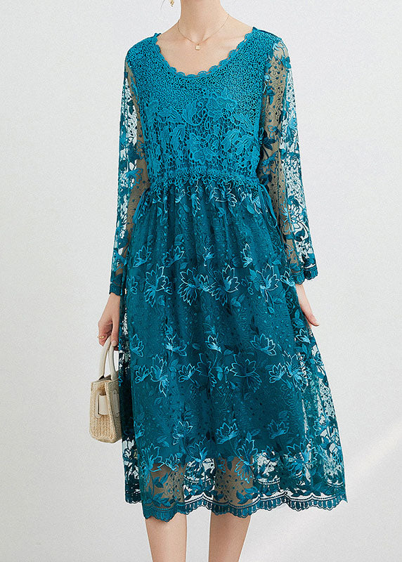 Women Blue O Neck Embroidered Patchwork Long Dresses Spring