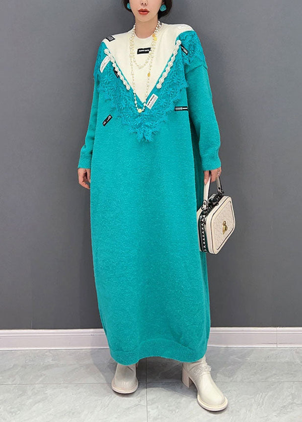 Women Blue O-Neck Oversized Lace Patchwork Knit Long Sweater Spring