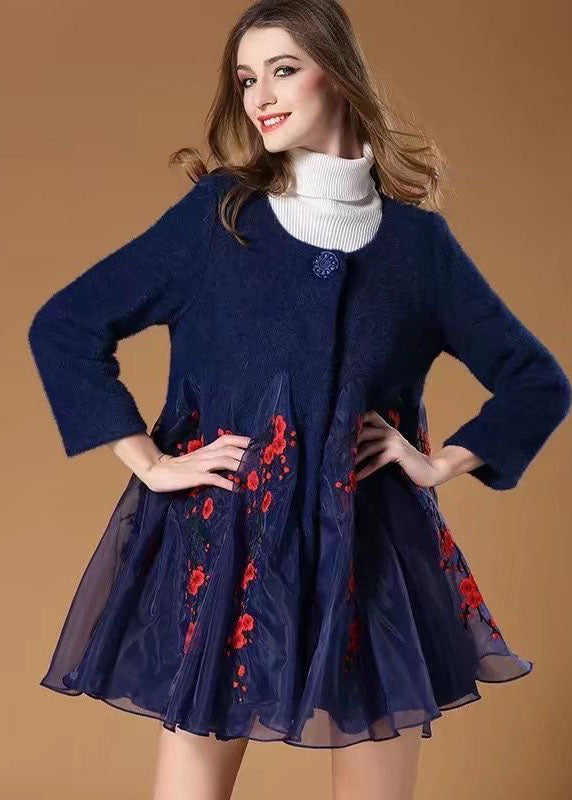 Women Blue Organza Patchwork Embroidered Wool Coats Winter