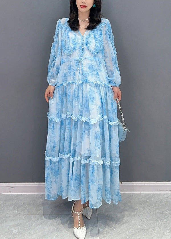 Women Blue Patchwork Ruffled Button Chiffon Maxi Dresses Spring