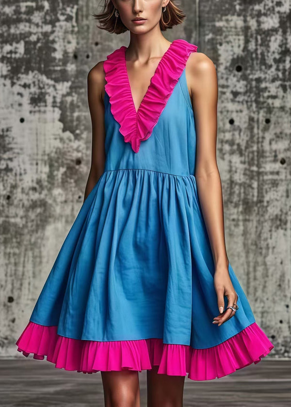 Women Blue Ruffled Patchwork Cotton Mid Dress Summer