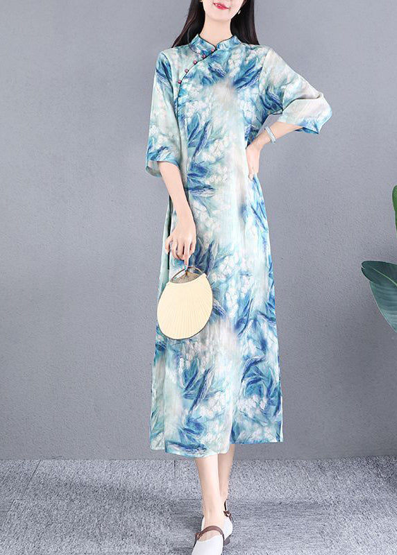 Women Blue Tie Dye Slim Fit Linen Dress Fall