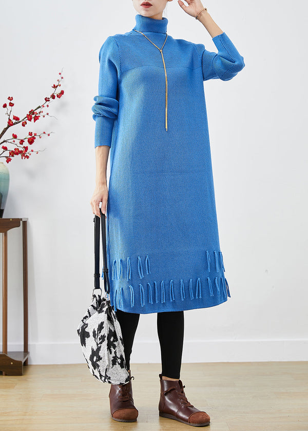 Women Blue Turtle Neck Tasseled Knitted Dress Fall