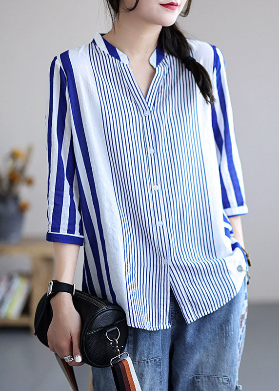 Women Blue V Neck Striped Cotton Blouses Bracelet Sleeve